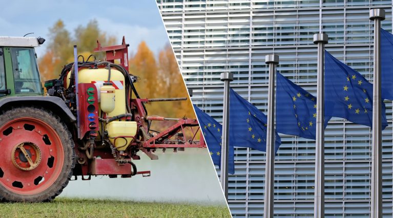 Zweigeteiltes Bild: links ist ein spritzender Traktor zu sehen und rechts die EU-Flaggen vor der EU-Kommission