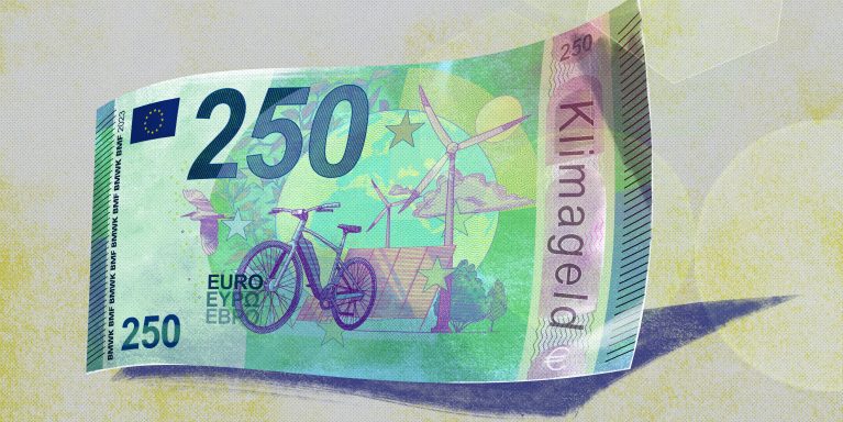 Geldschein im Wert von 250 Euro mit Fahrrad und erneuerbaren Energien symbolisiert Klimageld